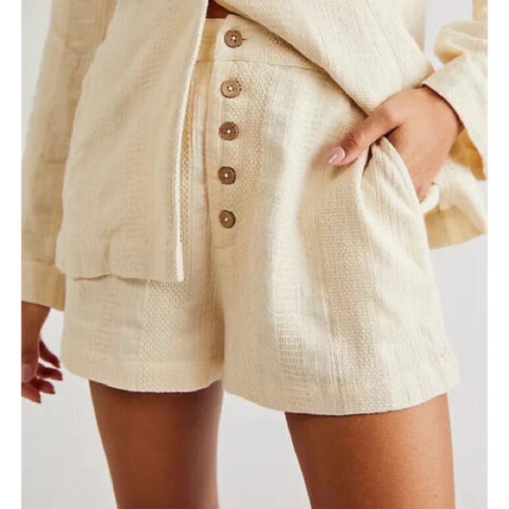 Free People Beige Buttoned High Waist Shorts